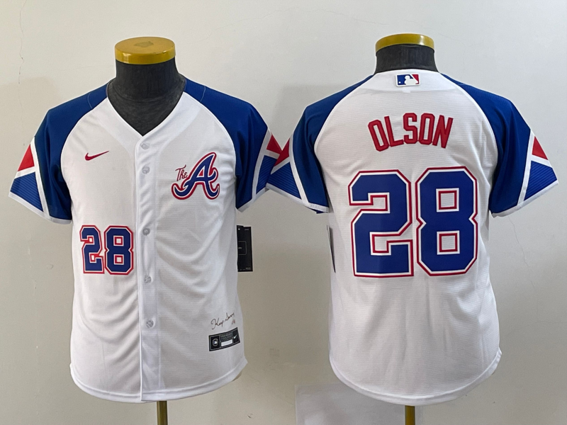 Youth Atlanta Braves #28 Matt Olson White 2023 City Connect With Patch Stitched Baseball Jersey